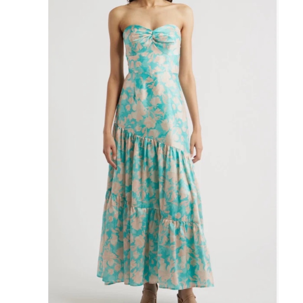 Hutch Strapless Floral Jacquard Tiered Maxi Dress Teal Peach 6 formal party